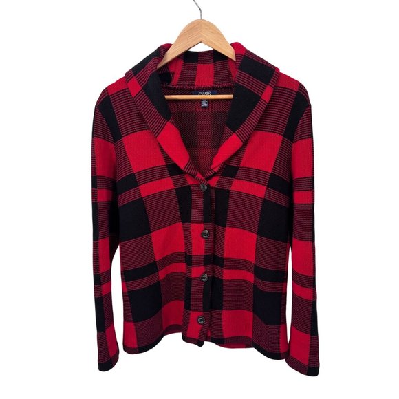 Chaps Sweater Jacket Mens S Red Black Buffalo Plaid Cotton Knit‎ Shawl Collar - Picture 1 of 9